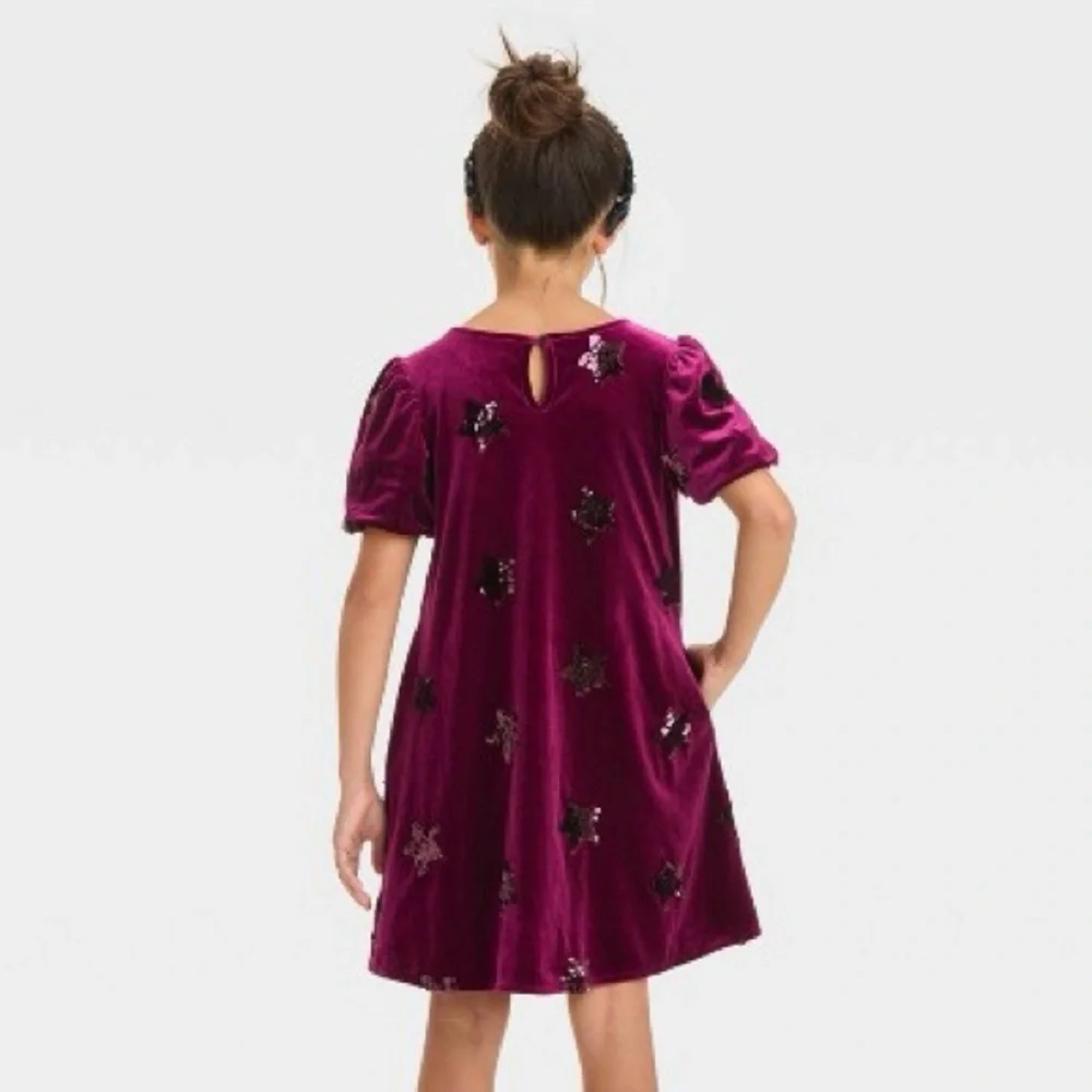 Girls' Short Sleeve Sequin 'Star' Velour Dress - Cat & Jack™ Burgundy - Picture 2 of 7